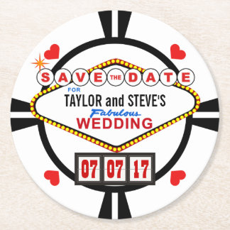 Save the Date Las Vegas Wedding Poker Chip Round Paper Coaster