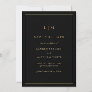 Save The Date Lauren Noir et Or Monogramme Mariage élégant