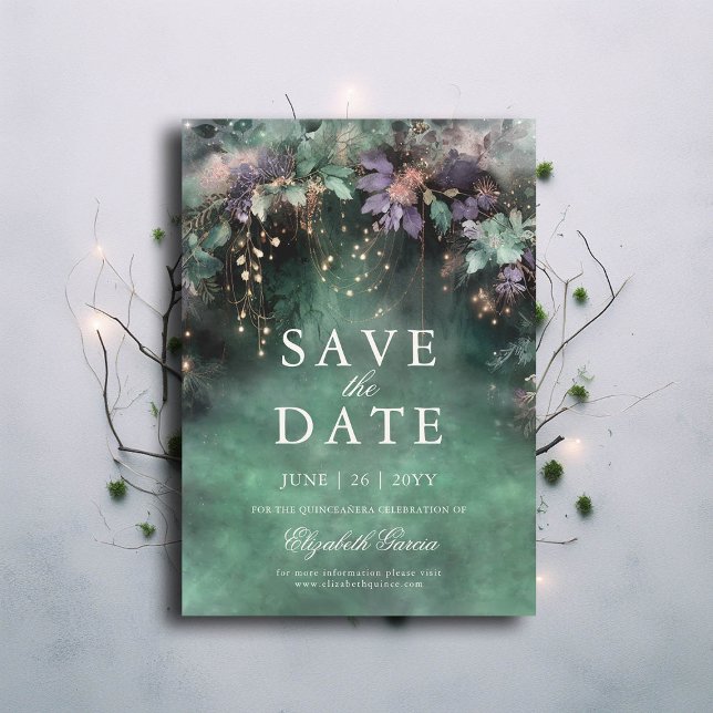 Save The Date Lavande de forêt enchantée Quinceanera (enchanted forest quinceanera save the date fairy tale emerald green lavender purple pink elegant)
