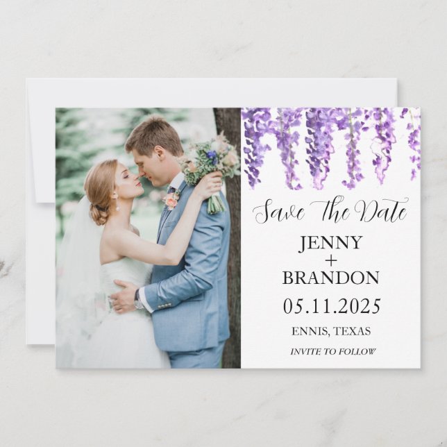 Save The Date Lavande de Wisteria Purple Floral Photo Élégante (Devant)