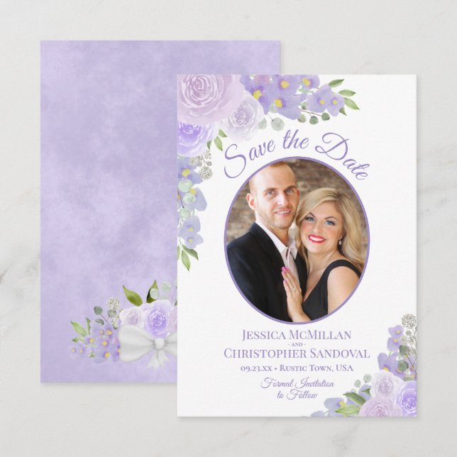 Save The Date Lavande Purple Aquarelle Floral & Mariage Photo (Devant / Derrière)
