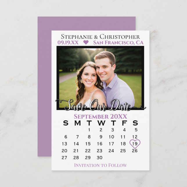 Save The Date Lavande simple et calendrier blanc et Mariage phot (Devant / Derrière)