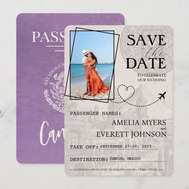 Save The Date Lavender Cancun Passeport Enregistrer La Date (Devant / Derrière)