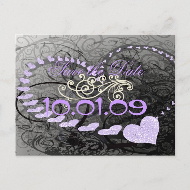 Save The Date Lavender Hearts - Announcement Postcard (Front)
