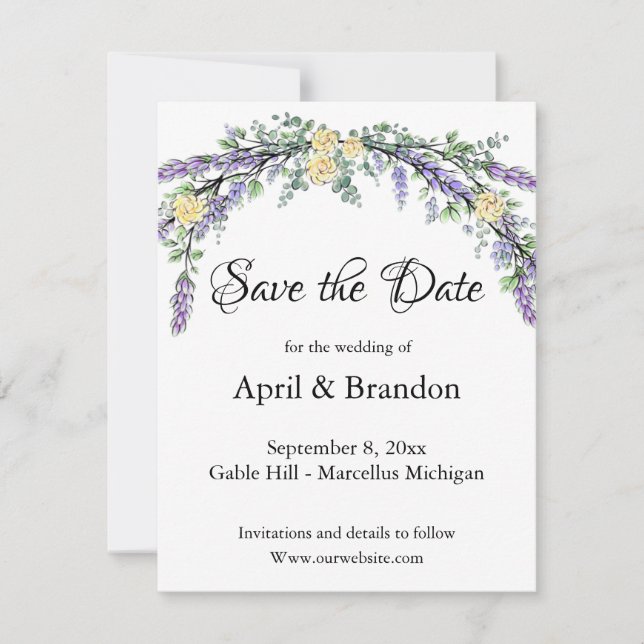 Save The Date Lavender Yellow Rose et Eucalyptus Enregistrer la  (Devant)