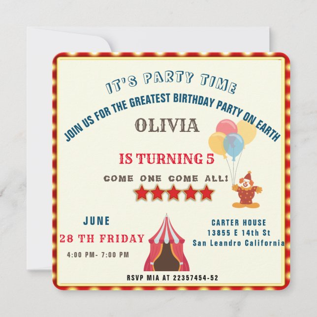 Save The Date LE PLUS GRAND 5E anniversaire Cirque THÈME (Devant)