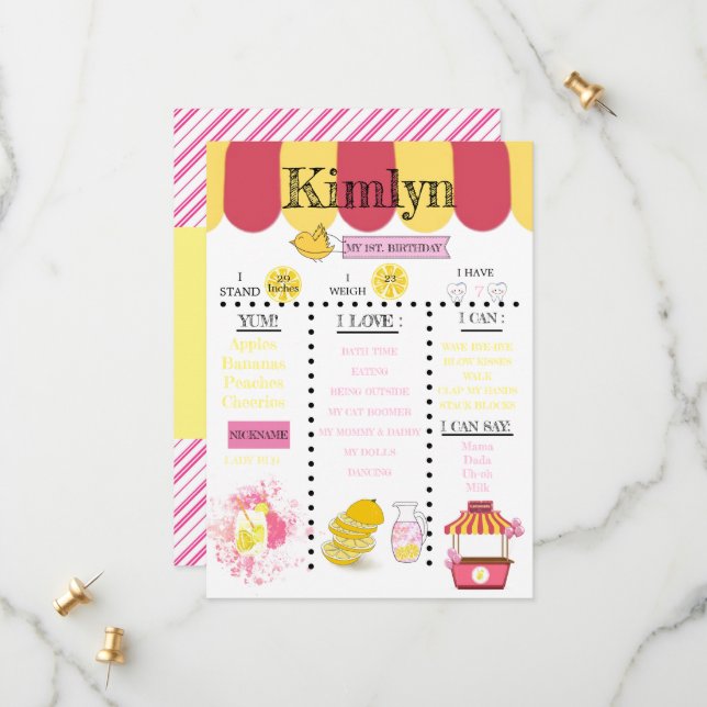 Save The Date Lemonade Stand rose 1er anniversaire (Devant/Arrière en situation)