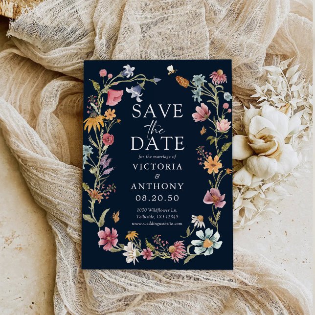 Save The Date Les Fleurs sauvages Bleus De La Marine Sauvegarden (Créateur téléchargé)