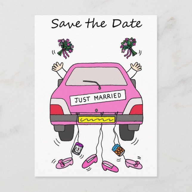 Save the Date Lesbian Wedding Cartoon Car Announcement Postcard (Front)
