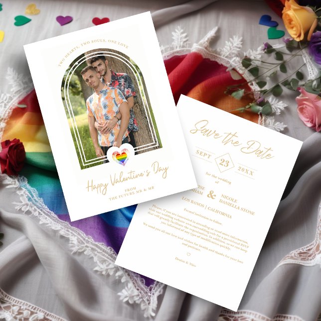 Save The Date LGBT Arch Effect Pride Heart Happy Valentine's Day (LGBT Arch Effect Cute Pride Heart Happy Valentine's Day Photo Save the Date Card with Envelope. )