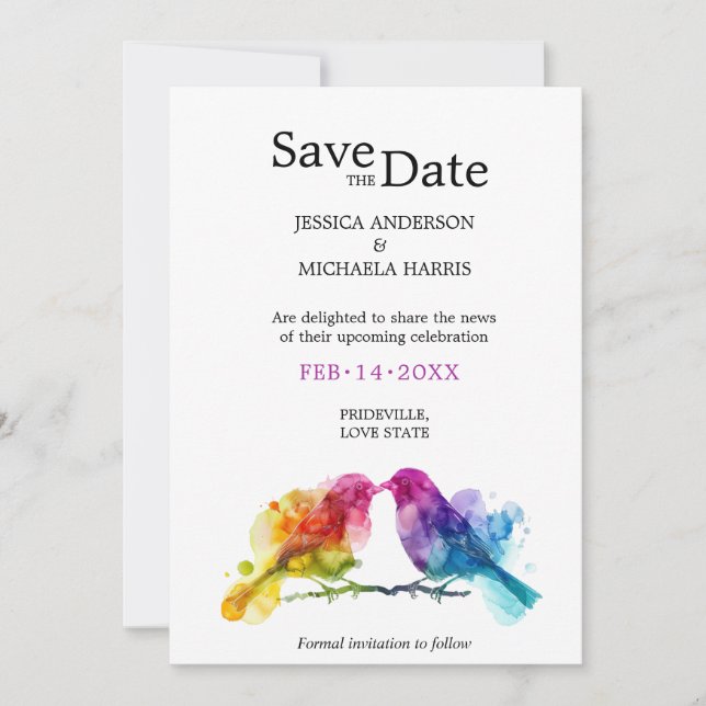 Save The Date LGBTQ+ avec code QR Rainbow Lovebirds (Devant)