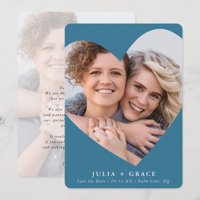SAVE THE DATE lgbtq modern photo heart denim blue Invitation (Front/Back)