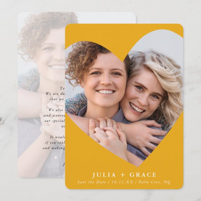 SAVE THE DATE lgbtq modern photo heart frame amber Invitation (Front/Back)