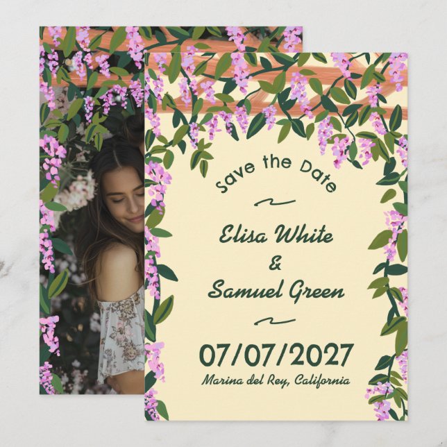 Save The Date Lierre de Glycine Fleurs Personnalisées Mariage Ph (Devant / Derrière)