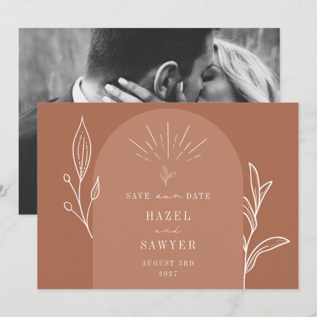 Save The Date Ligne Art Arc Script Désert Terracotta Photo (Devant / Derrière)