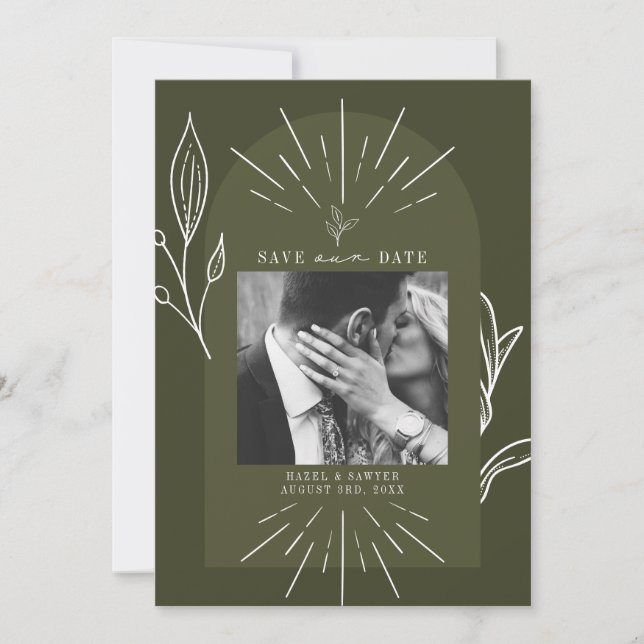 Save The Date Ligne Art Arch Script Mariage photo vert (Devant)