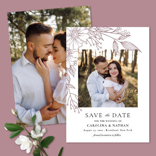 Save The Date Ligne élégante tirée Floral Mauve 2 Mariage photo