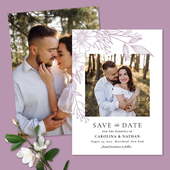 Save The Date Ligne élégante tirée Lavande florale 2 Mariage pho (Créateur téléchargé)