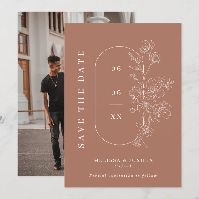 Save The Date Ligne Mocha moderne tiré Mariage photo floral (Devant / Derrière)