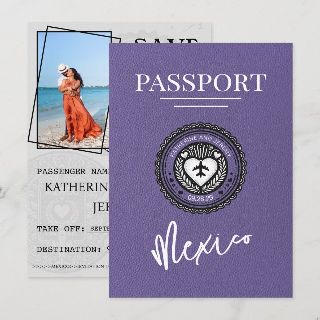 Save The Date Lilac Mexique Passeport Enregistrer La Date (Devant / Derrière)