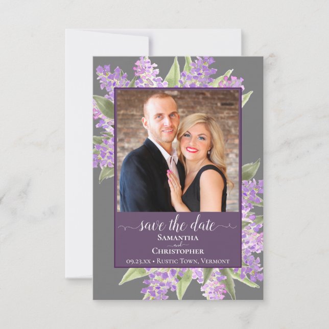Save The Date Lilacs rustique aquarelle et Mariage gris photo (Devant)