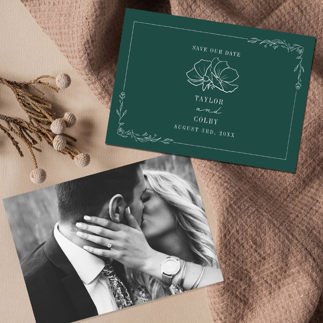 Save The Date Line Art Floral Mariage Emerald Enregistrer la dat (Créateur téléchargé)