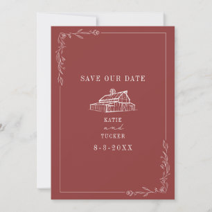 Save The Date Line Art Grange Muted Red Farm Mariage