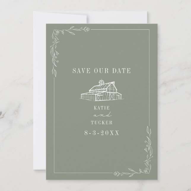 Save The Date Line Art Grange Sage Green Farm Mariage (Devant)