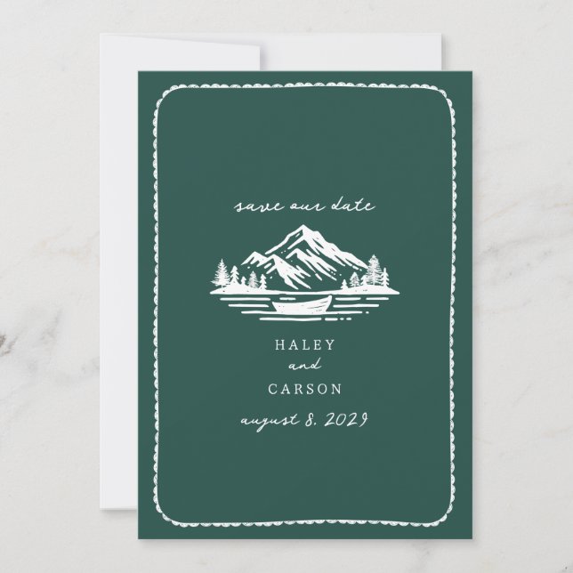 Save The Date Line Art Mountains Canoe Emerald Mariage (Devant)