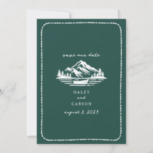 Save The Date Line Art Mountains Canoe Emerald Mariage
