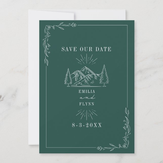 Save The Date Line Art Mountains Emerald Mariage (Devant)