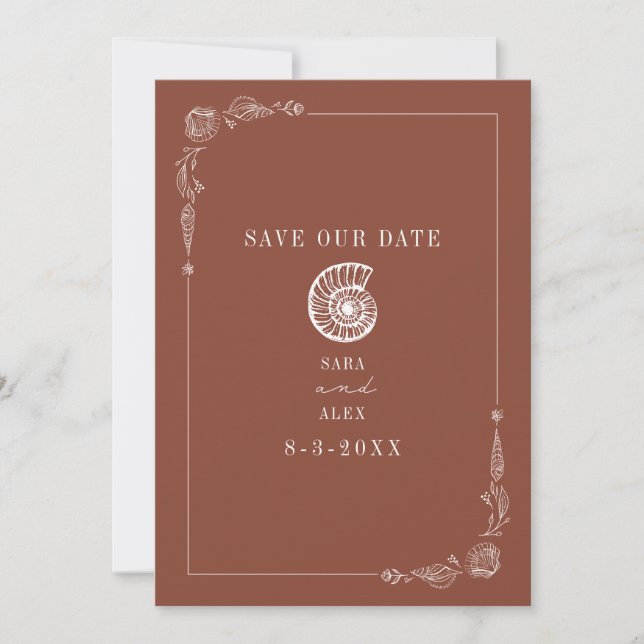 Save The Date Line Art Seashell Terracotta Rustic Beach Wedding (Devant)