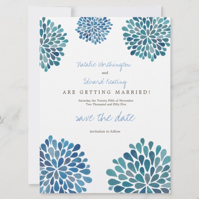 Save the Date Linen Blue Flower Petal Blooms (Front)