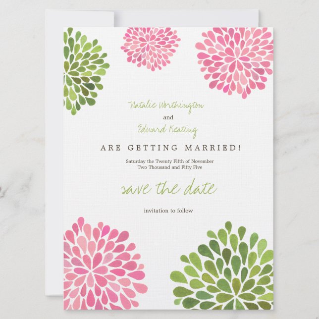Save the Date Linen Pink & Green Flower Blooms (Front)