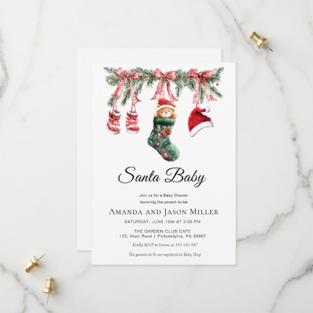 Save The Date Linge de Noël Bébé Santa Douche d'Hiver (Devant/Arrière en situation)