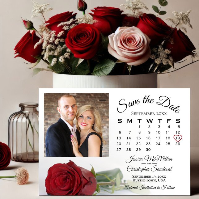 Save The Date Long Stemmed Red Rose Mariage Calendrier & Photo (Créateur téléchargé)