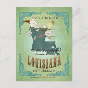 Save The Date - Louisiana Map With Lovely Birds Announcement Postcard