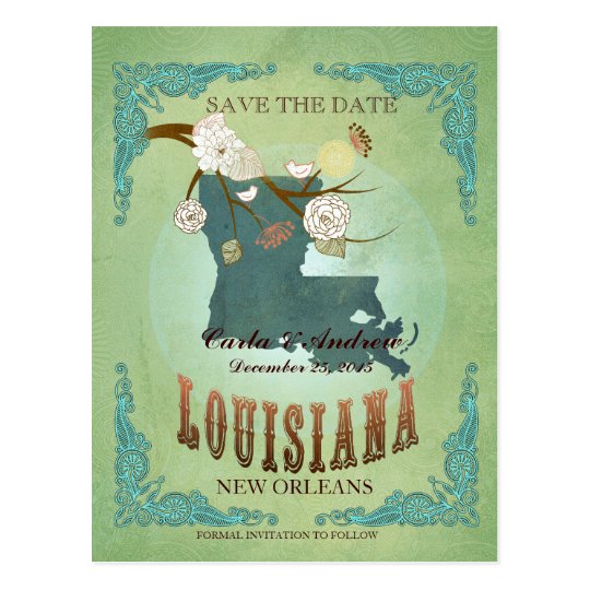 Save The Date - Louisiana Map With Lovely Birds Postcard