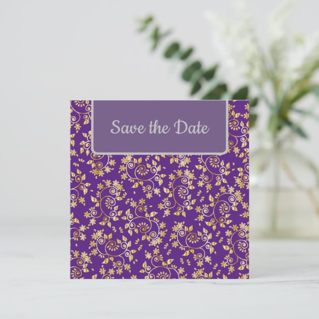 Save The Date Lovely Gold Floral Enregistrer La Date (Debout devant)