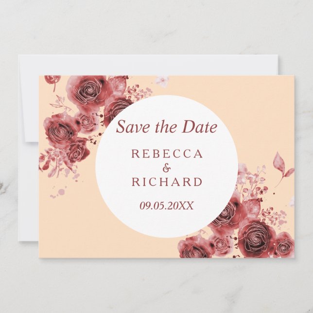 Save The Date Lovely Peach and Burgundy Enregistrer la date (Devant)