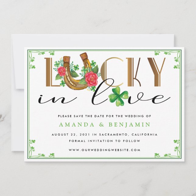 Save The Date Lucky In Love Horseshoe et Shamrock (Devant)