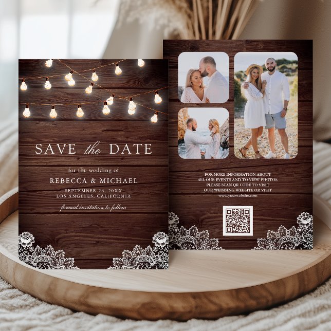 Save The Date Lumières à dentelle de bois Photo QR Code Mariage (Créateur téléchargé)