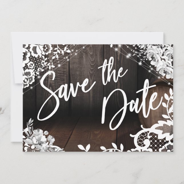 Save The Date Lumières Brown en fût de bois Dentelles et fleurs  (Devant)