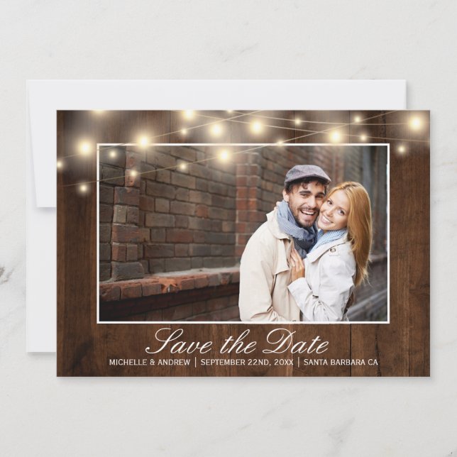 Save The Date Lumières de Chaîne de Photo en Bois Rustique | Sau (Devant)