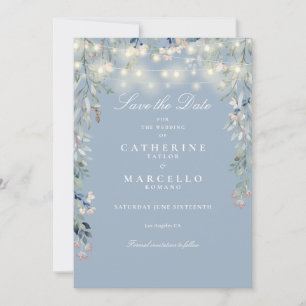 Save The Date Lumières de chaîne florales bleues poussiéreuses M