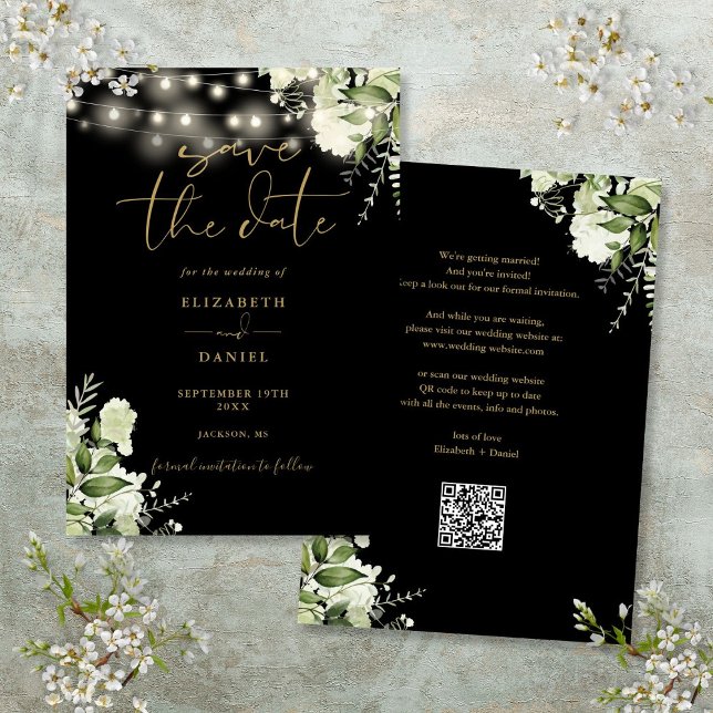 Save The Date Lumières de chaîne florales en or noir Code QR Mar (Black Gold Floral String Lights QR Code Wedding Save The Date)