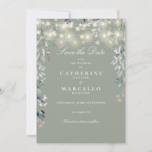 Save The Date Lumières de chaîne florales vert sauge Mariage