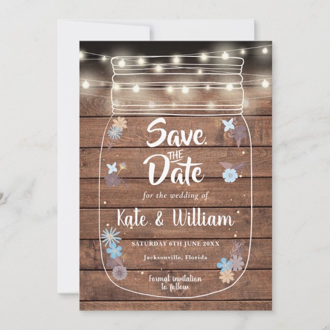 Save The Date Lumières de corde de pot de maçon en bois rustique (Devant)