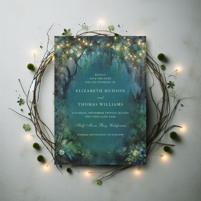Save The Date Lumières de la forêt enchantée Mariage de la forêt (enchanted forest woodland wedding save the date card emerald gold magic fairy tale)