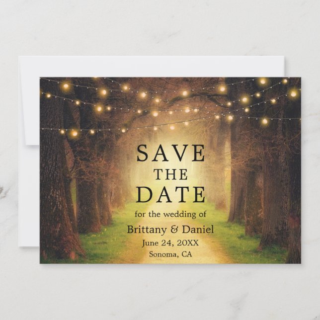 Save The Date Lumières de mariage de chemin forestier rustique (Devant)